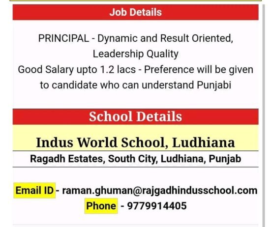 Teachers job in Indus World School, Ludhiana