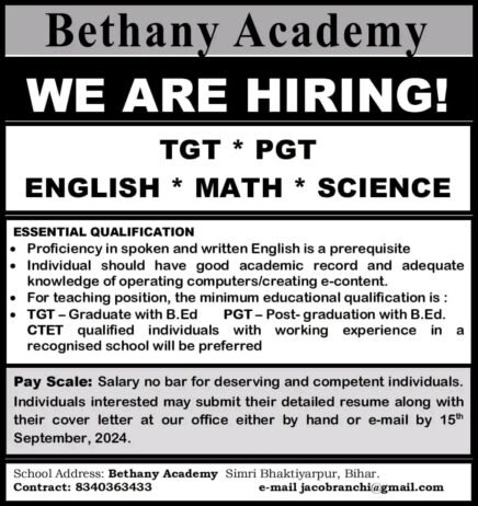 Teachers job in Bethany Academy , Bihar