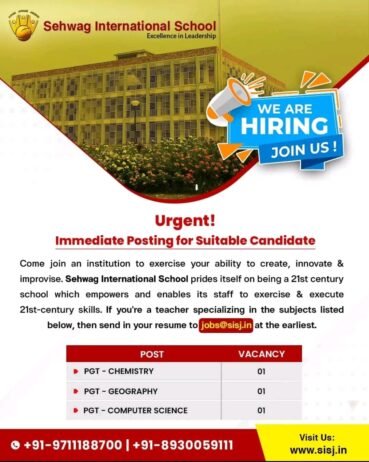 Teachers job in Sehwag International School , Haryana