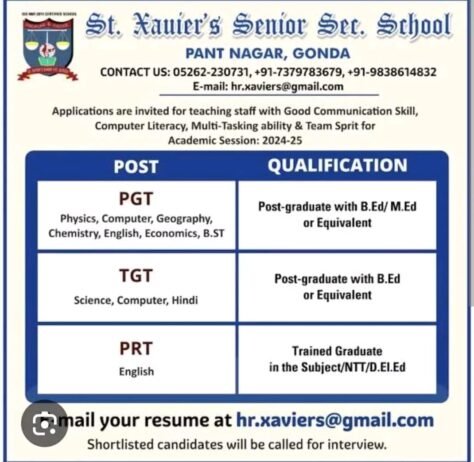 Opening Job for Teachers at St. Xauier’s Senior Sec. School in Gonda, Uttar Pradesh