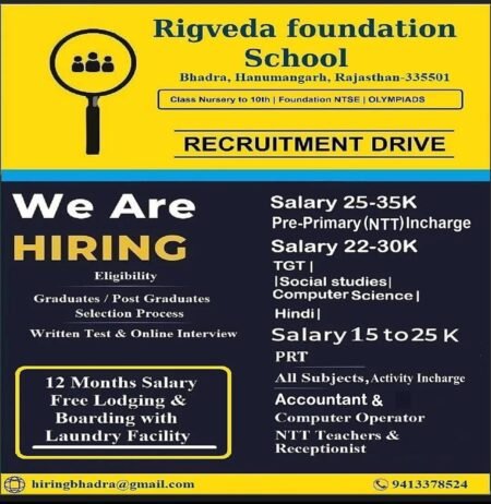 Teachers job in ! Rigveda foundation School, Hanumangarh, Rajasthan