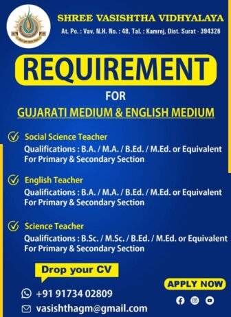 Job for Teachers at SHREE VASISHTHA VIDHYALAYA  in Surat, Gujarat