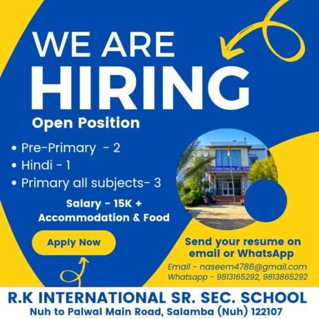 Teachers job in ! R.K INTERNATIONAL SR. SEC. SCHOOL, Nuh,  HARYANA