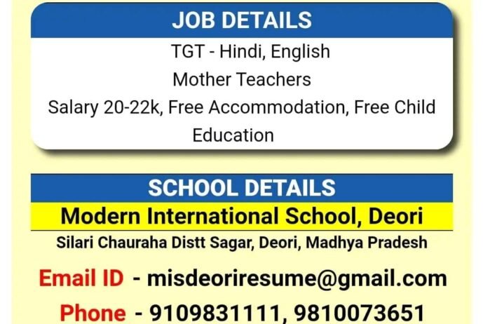 Opening Job for Teachers at Modern International School in Sagar, Madhya Pradesh