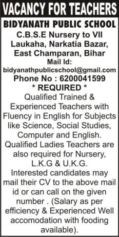 Job for Teachers at BIDYANATH PUBLIC SCHOOL in East Champaran, Bihar