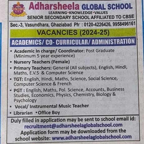 Opening Job for Teachers at Adharsheela GLOBAL SCHOOL in Ghaziabad, Uttar Pradesh