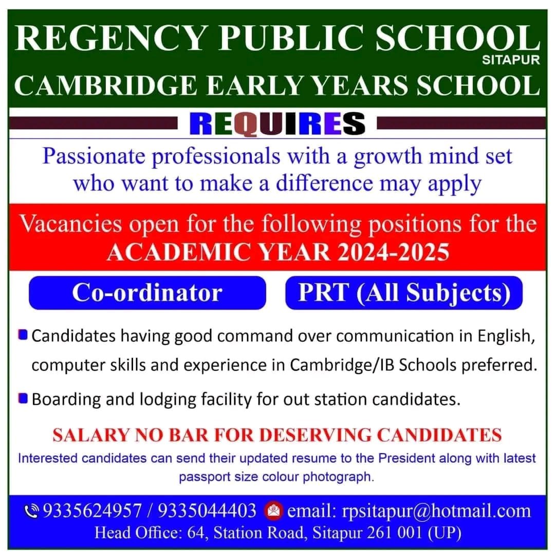 Job for Teachers at REGENCY PUBLIC SCHOOL in Sitapur (UP)
