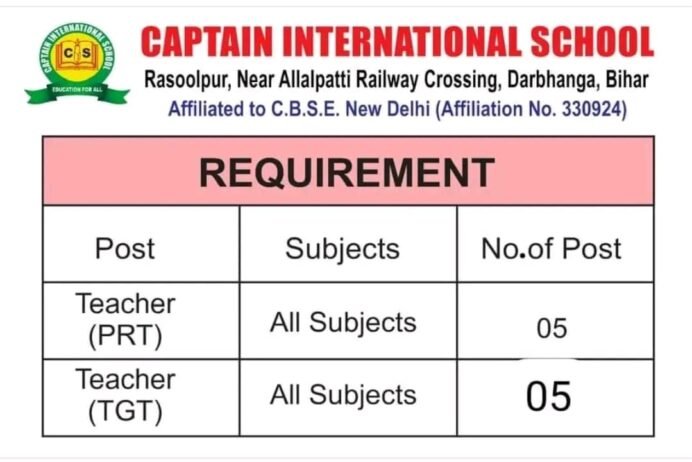 Job for Teachers at CAPTAIN INTERNATIONAL SCHOOL in Darbhanga  Bihar