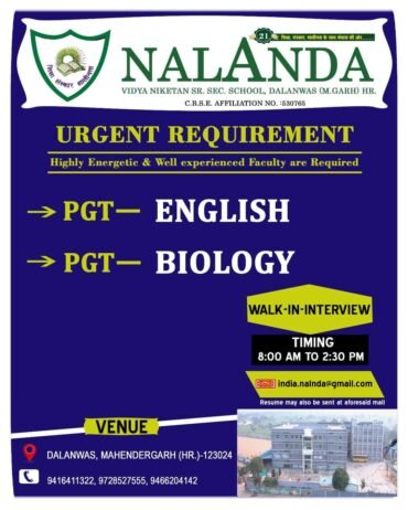 Opening Job for Teachers at NALANDA VIDYA NIKETAN SR. SEC. SCHOOL in Dalanwas, Haryana