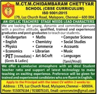 Job for Teachers at M.CT.M.CHIDAMBARAM CHETTYAR SCHOOL in Chennai, Tamil Nadu