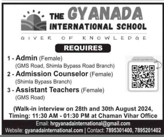 Opening Job for Teachers at THE GYANADA INTERNATIONAL SCHOOL in Dehradun, Uttarakhand