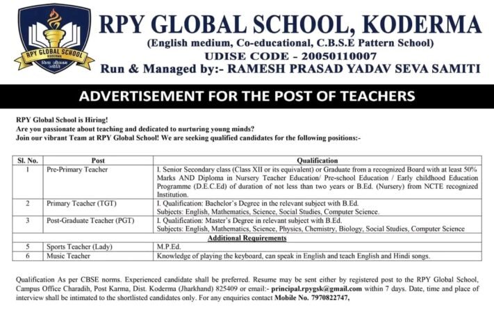 Teachers job in ! RPY GLOBAL SCHOOL in Koderma (Jharkhand)