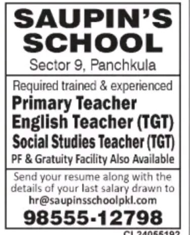 Job for Teachers at SAUPIN SCHOOL in Chandigarh