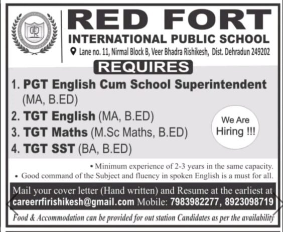 Teachers job in ! RED FORT INTERNATIONAL PUBLIC SCHOOL in Dehradun