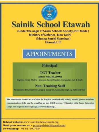 Job for Teachers at Sainik School in Etawah, U.P