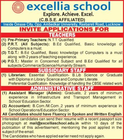 Opening Job for Teachers at excellia school in Lucknow, Uttar Pradesh