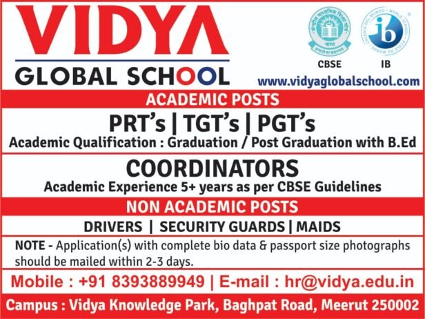 Teachers job in ! VIDYA GLOBAL SCHOOL in Meerut, Uttar Pradesh