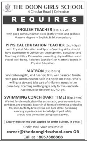Opening Job for Teachers at THE DOON GIRLS’ SCHOOL in Dehradun, Uttarakhand
