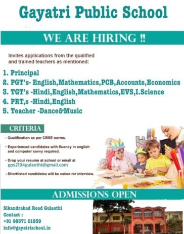 Teachers job in ! Gayatri Public School in Gulaothi, Uttar Pradesh