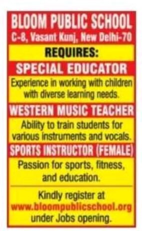 Job for Teachers at BLOOM PUBLIC SCHOOL in New Delhi, Delhi