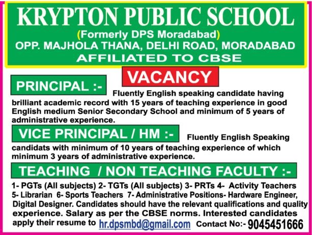 Opening Job for Teachers at KRYPTON PUBLIC SCHOOL in Moradabad, Uttar Pradesh