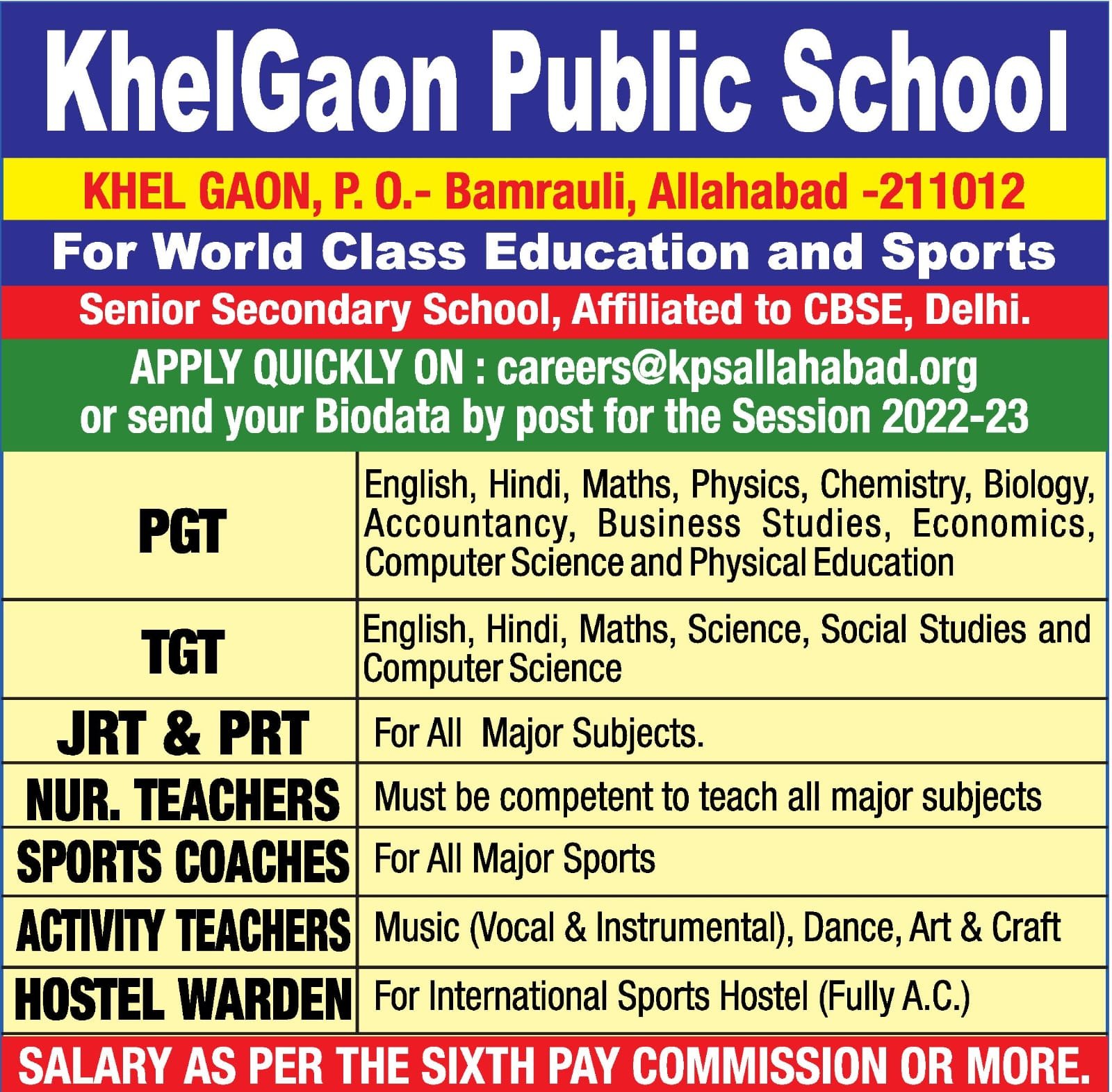Teachers job in ! KhelGaon Public School in Allahabad Uttar Pradesh