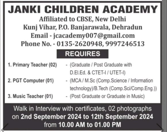 Opening Job for Teachers at JANKI CHILDREN ACADEMY in Dehradun, Uttarakhand