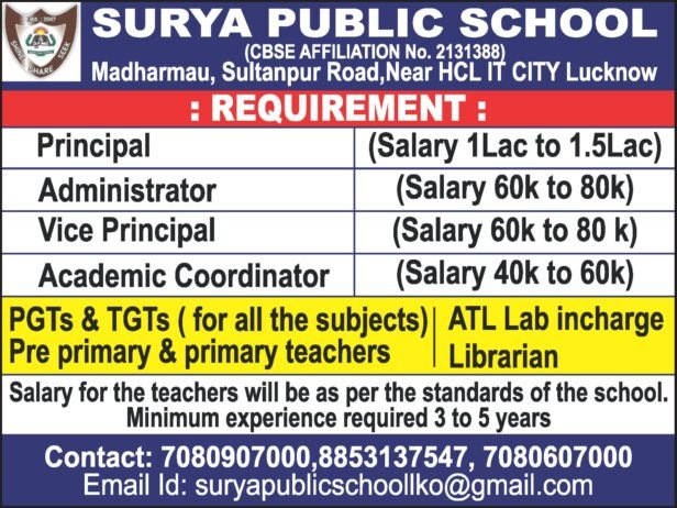 Teachers job in ! SURYA PUBLIC SCHOOL in Lucknow, Uttar Pradesh