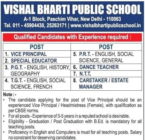 Job for Teachers at VISHAL BHARTI PUBLIC SCHOOL  in New Delhi