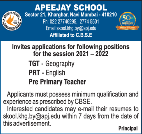 Teachers job at Apeejay School ,Mumbai Maharashtra