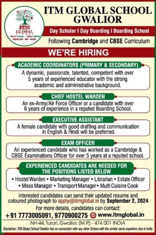 Job Opening In ITM Global School,Gwalior