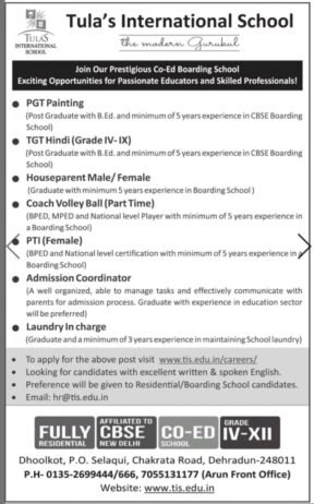 Teachers job in Tula’s International School, Uttarakhand