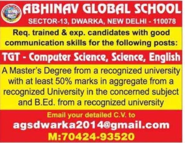 Teacher Job Opening in Abhinav Global School, Dwarka, New Delhi