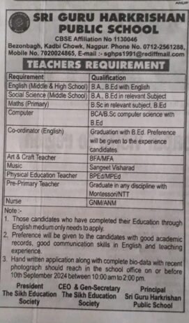 Opening Job for Teachers at Sri Guru Harkrishan Public School Nagpur,