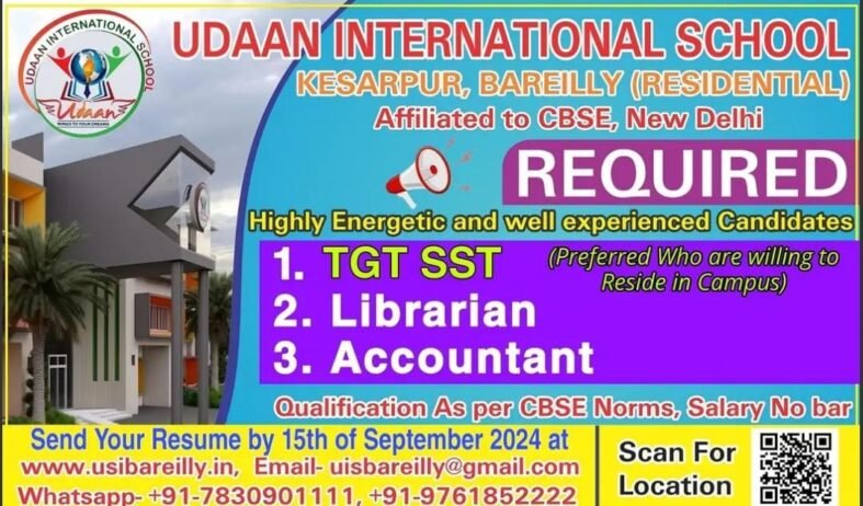 Teachers job in UDAAN INTERNATIONAL SCHOOL Udaan KESARPUR, BAREILLY , UP