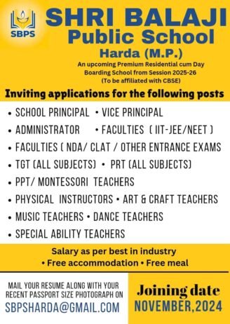 Teachers job in SHRI BALAJI Public School, Harda , Madhya Pradesh