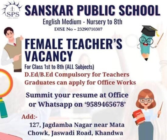 Teacher Job Openings in Sanskar Public School, Khandwa, Madhya Pradesh