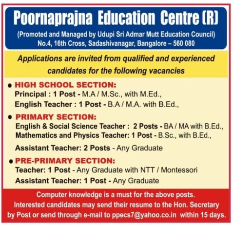 Teachers job in Educational institution in Bengaluru, Karnataka