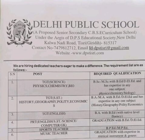 Teachers job in ! Delhi Public School, Giridih