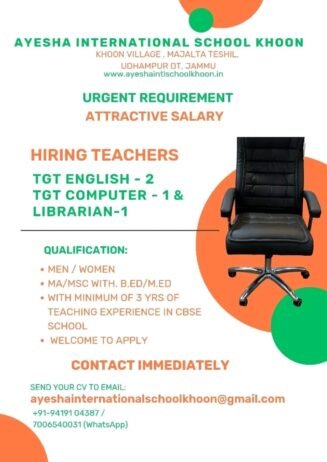 Teacher Job Openings in Ayesha International School, Khoon, Udhampur, Jammu