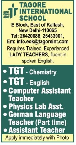 Teachers job in TAGORE INTERNATIONAL SCHOOL ,Delhi