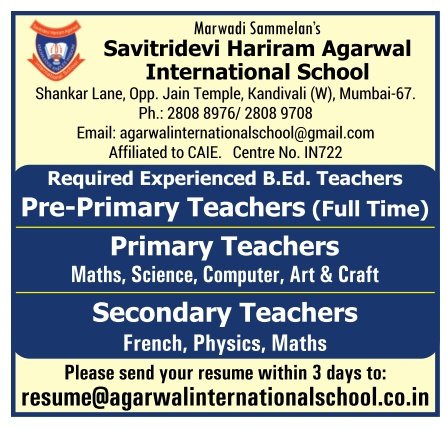 Job Openings at Savitridevi Hariram Agarwal International School