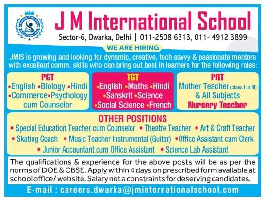 Teachers job in JM International School Sector-6, Dwarka, Delhi