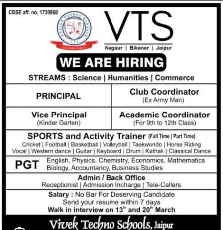 Teachers job in Vivek Techno Schools, Jaipur