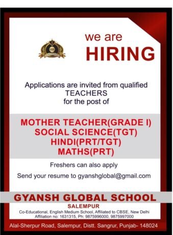 Teachers job in GYANSH GLOBAL SCHOOL , Punjab ,