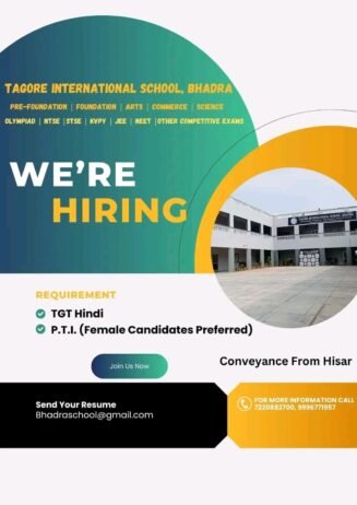 Teachers job in TAGORE INTERNATIONAL SCHOOL, BHADRA  ,  Barani, Rajasthan