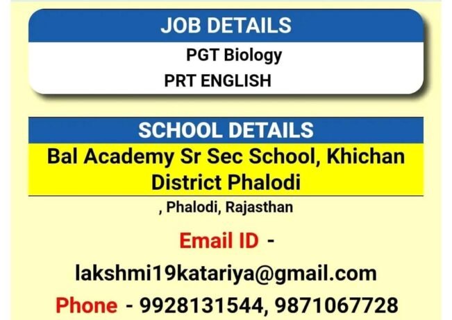 Teacher Job Openings in Bal Academy Sr Sec School, Phalodi Rajasthan