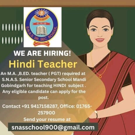 Teachers job in S.N.A.S SR. SEC SCHOOL , Mandi Gobindgarh , Punjab