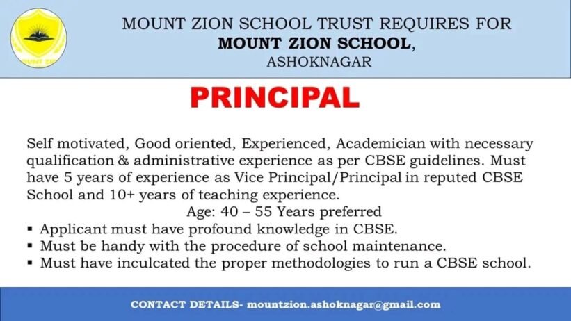 Principal  Jobs  Mount Zion School  Ashoknagar, Madhya Pradesh.