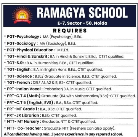 Teachers job in RAMAGYA SCHOOL , Noida, Uttar Pradesh